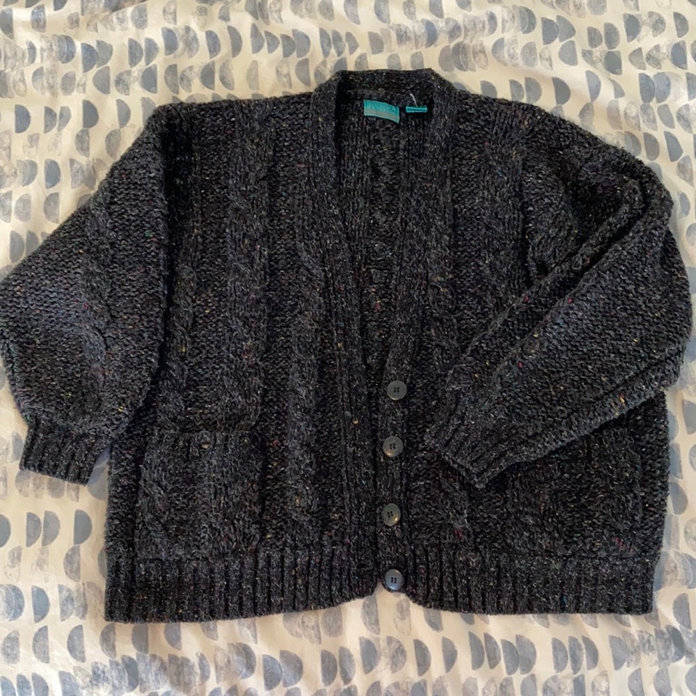 Vtg Black Speckled Wool Blend Cardigan Pockets XL